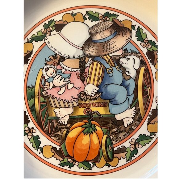 Vtg 1989 WATKINS Country Kids Pumpkin Pie Plate w/ Recipe 10.5" diameter x 2" h - Picture 4 of 11